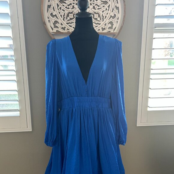 Billy J Dresses & Skirts - Billy J Charlotte Midi Dress SZ18 Blue Women’s Deep V Puff Long Sleeves Pleated